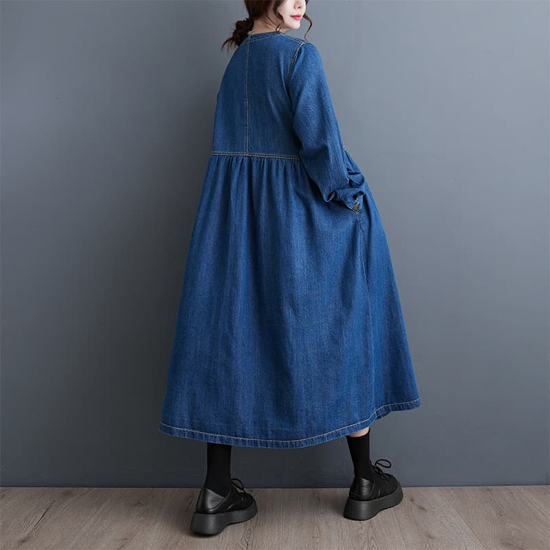 New Fall/Winter 2024 Denim V-Neck dress Spliced Long Sleeve Loose Pleated High Waist Slim A- line Dress