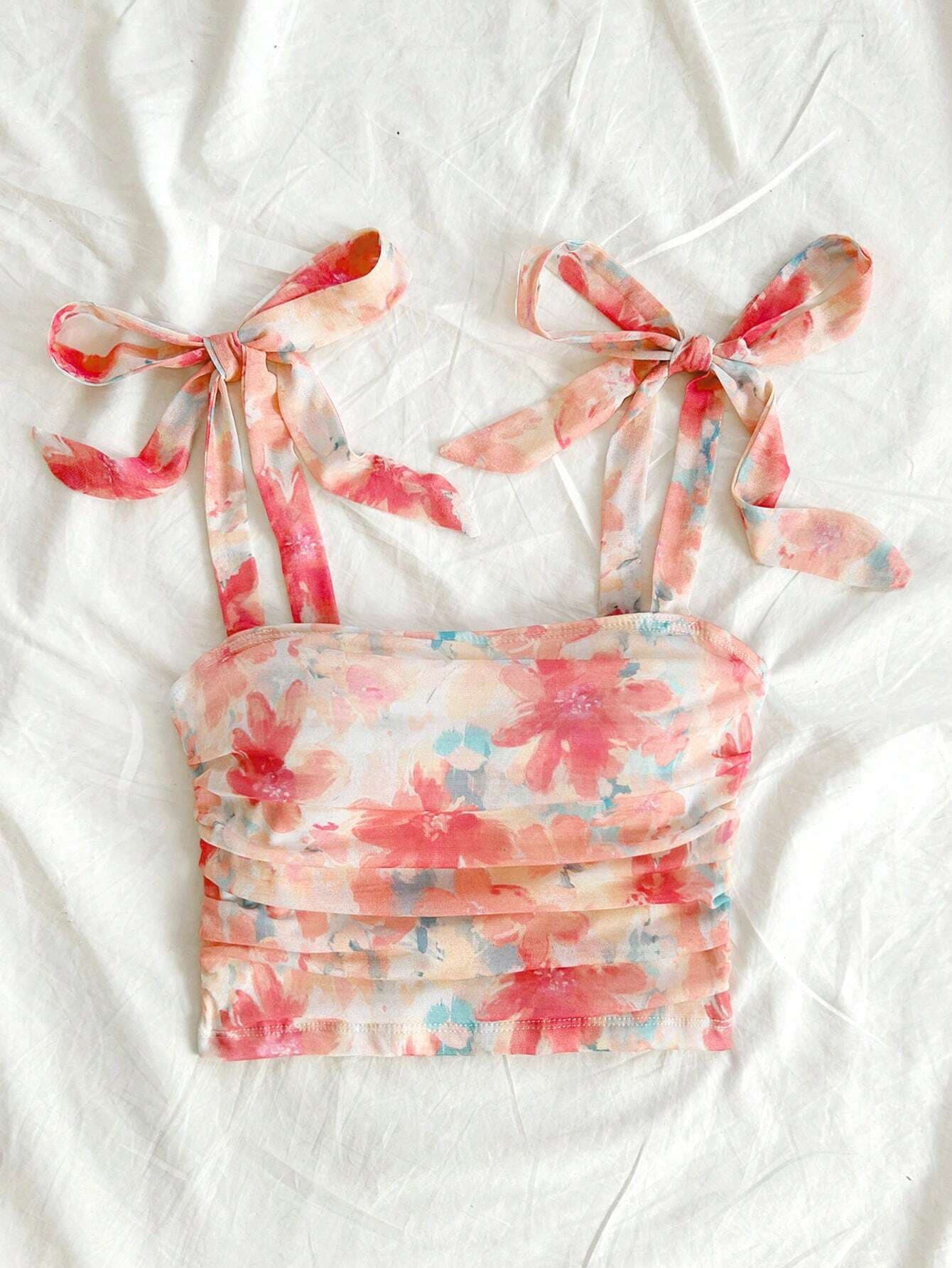 European and American cross-border new summer elegant pure and sexy style slimming short top women's fashion vest tie print blouse