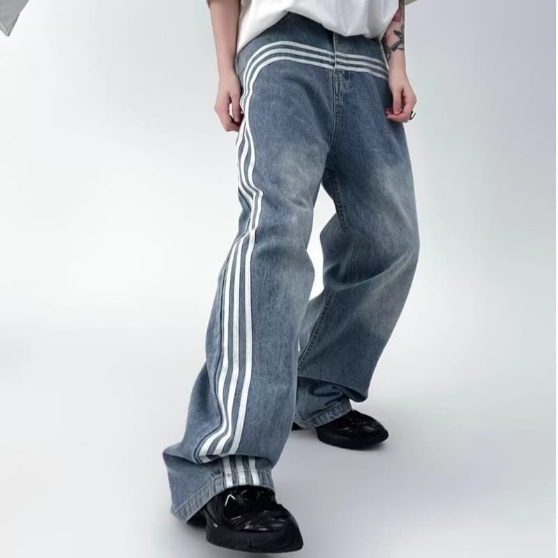 Spring-Autumn American Style 3-Stripe Woven Panel Straight-Leg Jeans, Washed Slim Fit