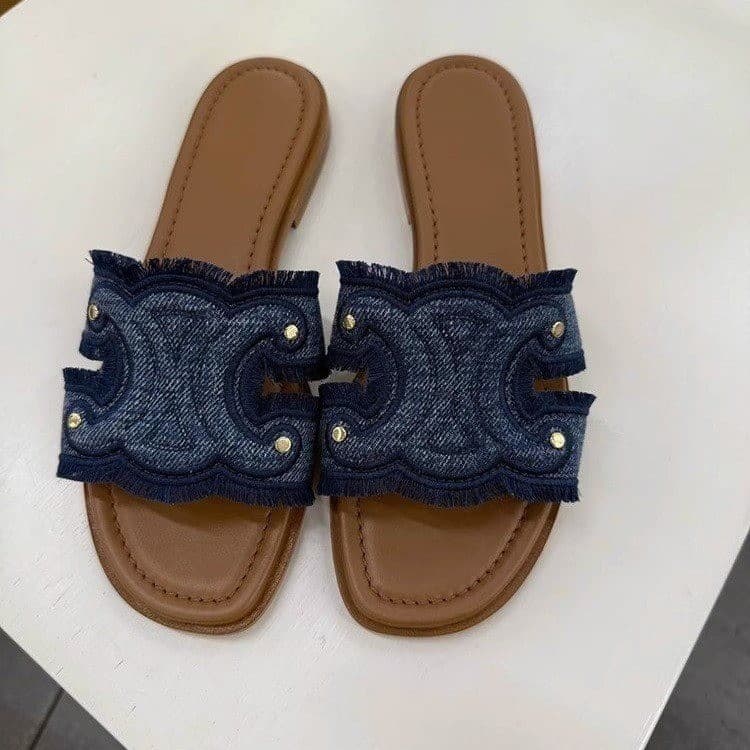 Summer Ins Style Plus Size Korean Denim Slide Sandals for Women, French Style Casual Flat Sandals, Ultra-Soft Flat Bottom Mules
