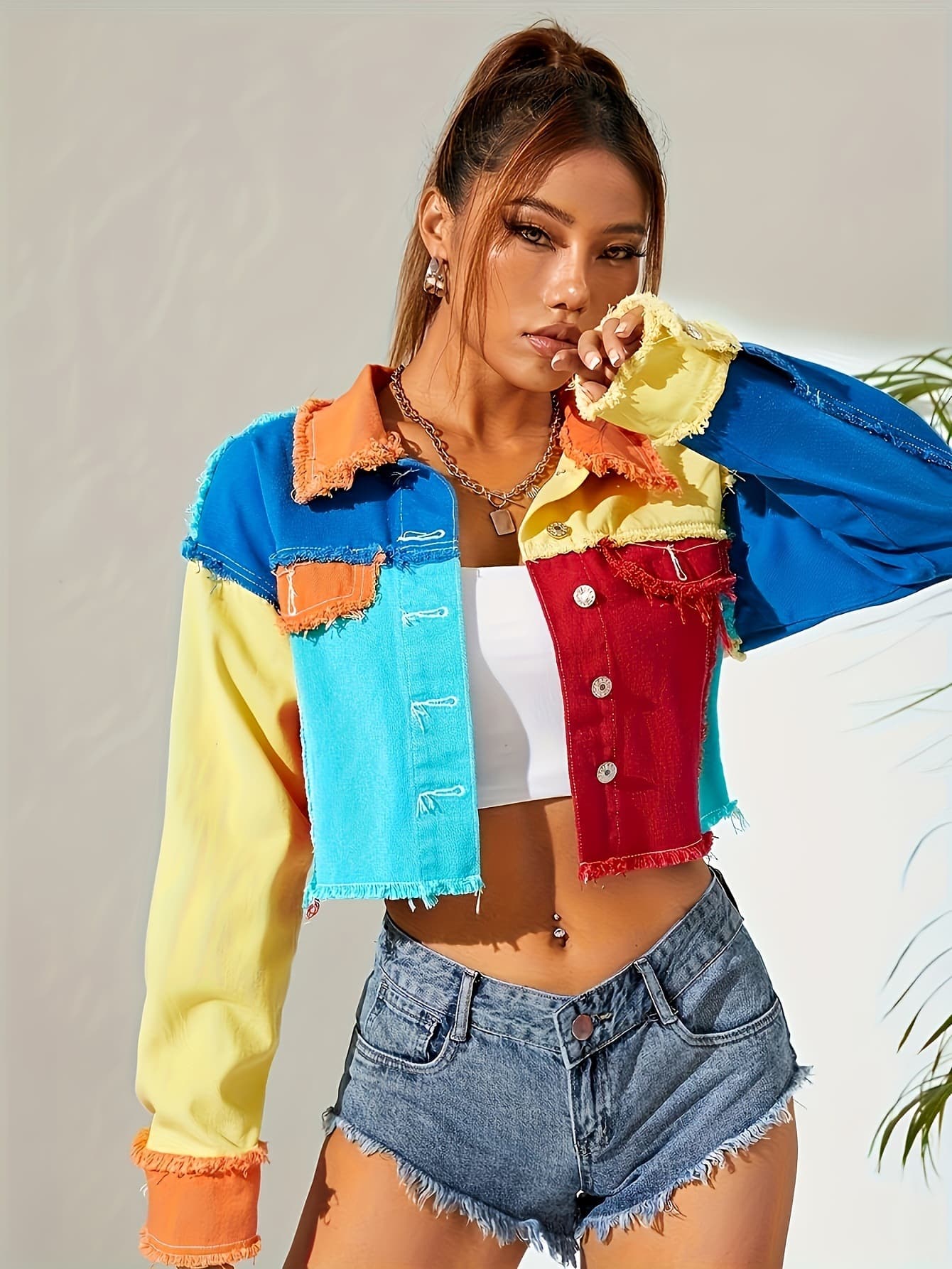 American Street Style Colorful Patchwork Frayed Long Sleeve Denim Top 18102