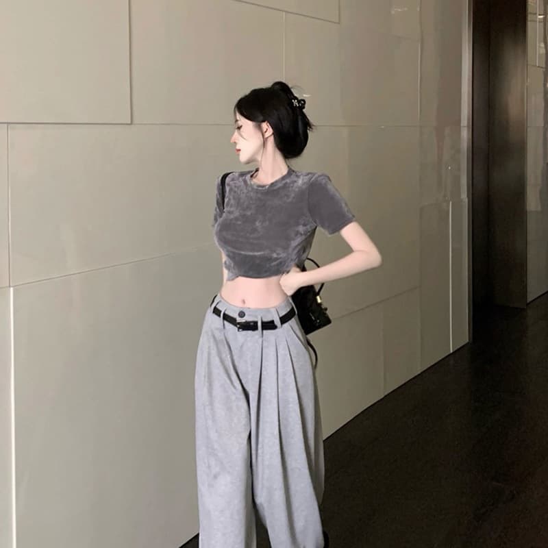 Retro Short Sleeve Slim Fit Shoulder Pad T-Shirt Women Summer Design Crop Top
