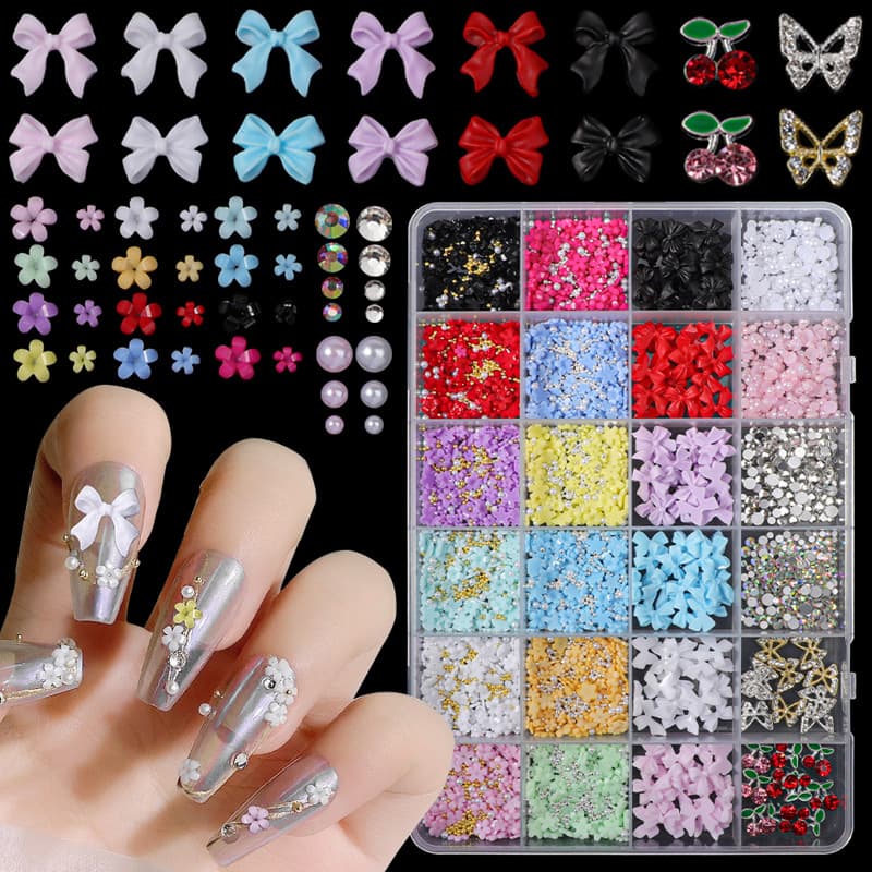 Cross-border nail jewelry ribbon bow small flower cherry strawberry alloy butterfly mixed diy jewelry material box