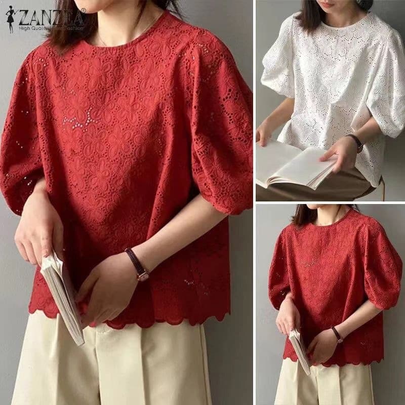 White lace openwork top for women, summer Korean style, loose fit, slimming, versatile, five-quarter puff sleeve short babydoll top