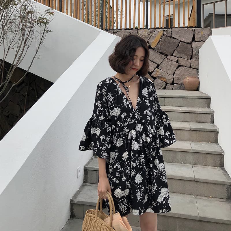 Plus Size Dress for Women Summer Age-Reducing Floral 2021 New Slimming V-Neck A-Line Dress