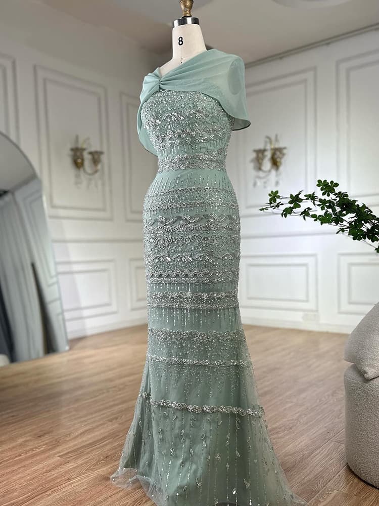 Foreign Trade Sage Green Shawl Fishtail Dress, Elegant and Luxurious, Perfect for Socialites and Banquet Hostess, LA72126B