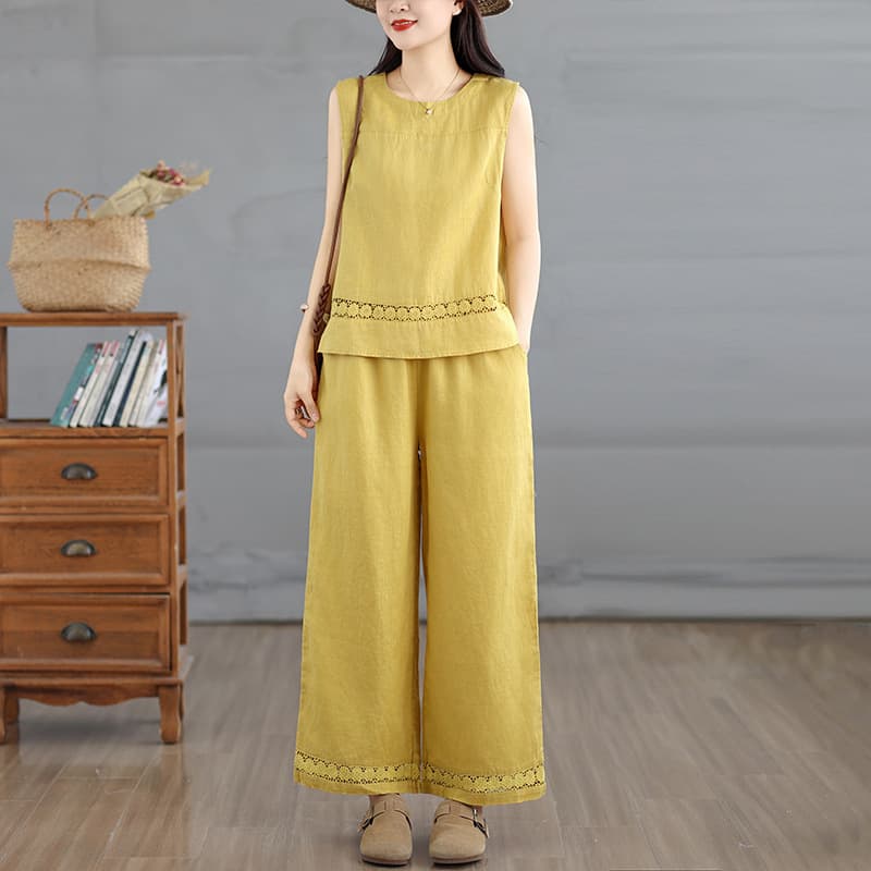2026 Spring Summer New Set Women Slimming Sleeveless Shirt Elastic Waist Wide Leg Pants Two-Piece