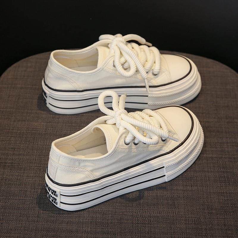 Women's Canvas Shoes 2026 New Spring Cream Thick Sole Thin Style Female Student Height Increasing Casual Versatile White Sneakers