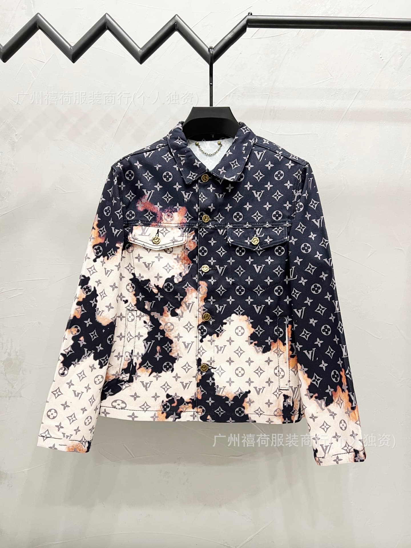 Cross-border Correct High Version. LV 25S Autumn/Winter Full Print Check Jacquard Denim Jacket and Jeans Set