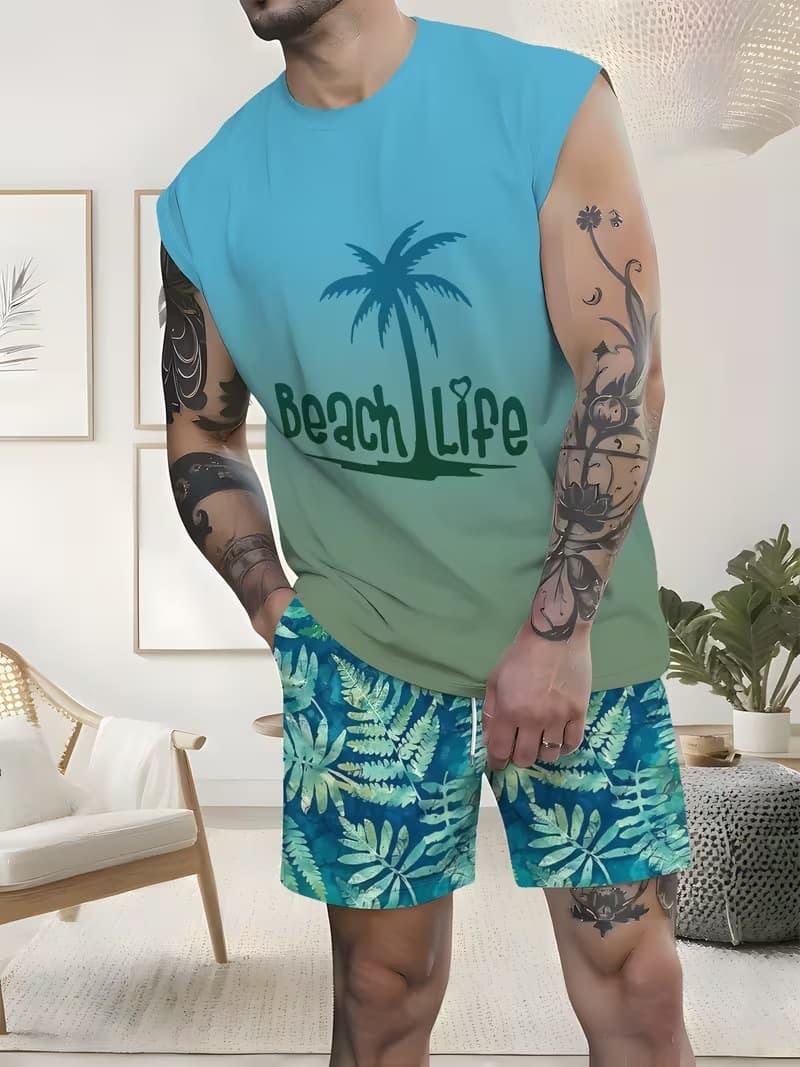 Cross-border Temu American-style 3D printed men's vest and shorts set, casual sport vest and shorts two-piece set