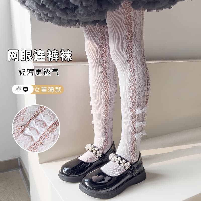 Girls' Summer Mesh Pantyhose with Lace Bows, Thin and Breathable, Lolita Princess Style.