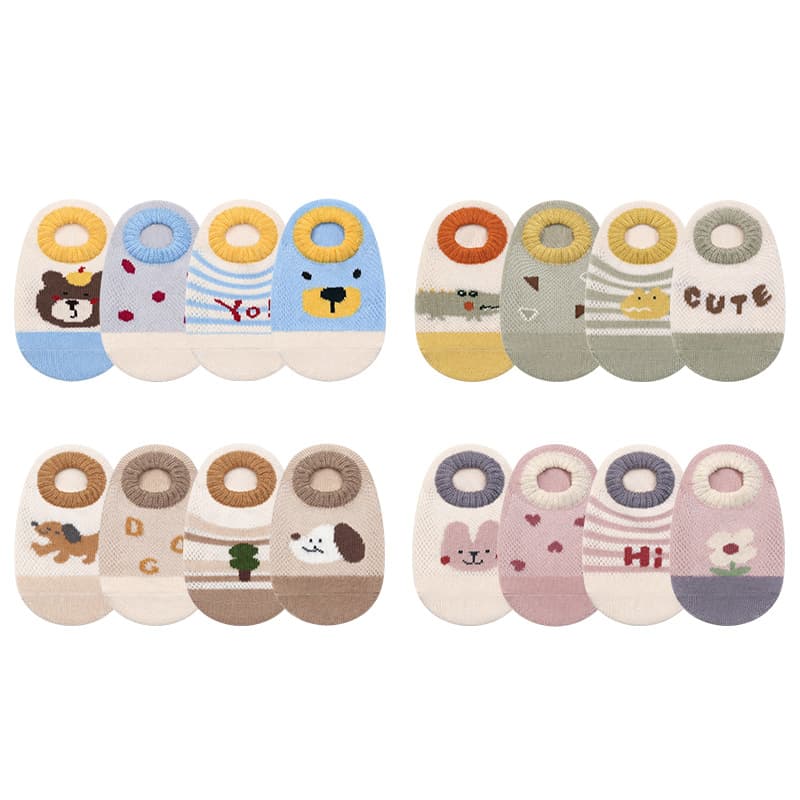 Korean Thin Cotton Breathable Anti-Slip Baby Boat Socks, Infant Toddler Trampoline Socks 4-Pack Low-Cut Mesh Floor Socks