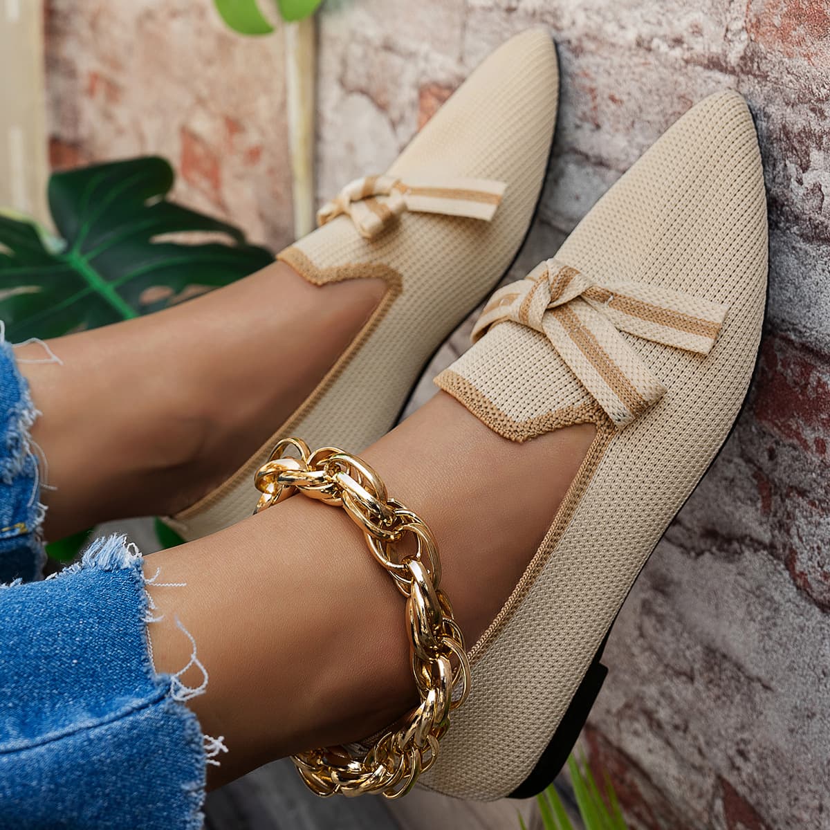 Women's Flat Shoes 2025 Spring/Autumn New Arrival Pointed Toe Large Size Flat Knit Slip-On Bow Casual Shoes