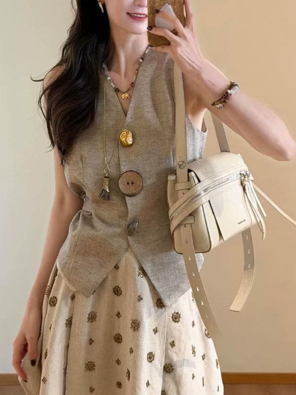 Linen Vest and Skirt Set for Women 2026 Spring Summer New Trendy Casual Design Two-Piece Set