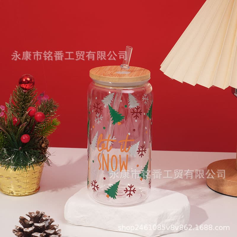Single-layer PC colorful pattern Christmas Mason tumbler, 16oz straw cup with bamboo lid, creative plastic cup, 475ml.