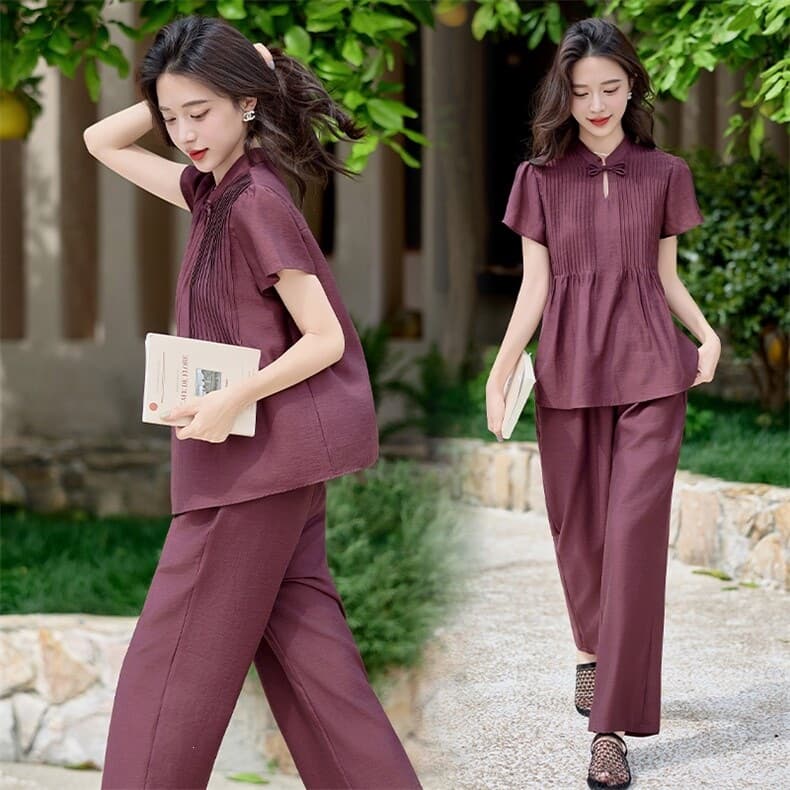 Designer Chinese-style Buttoned Small Flutter Sleeve Set for Women, New Summer Pleated Waist-Cinching Shirt and Wide-Leg Pants Two-Piece Set