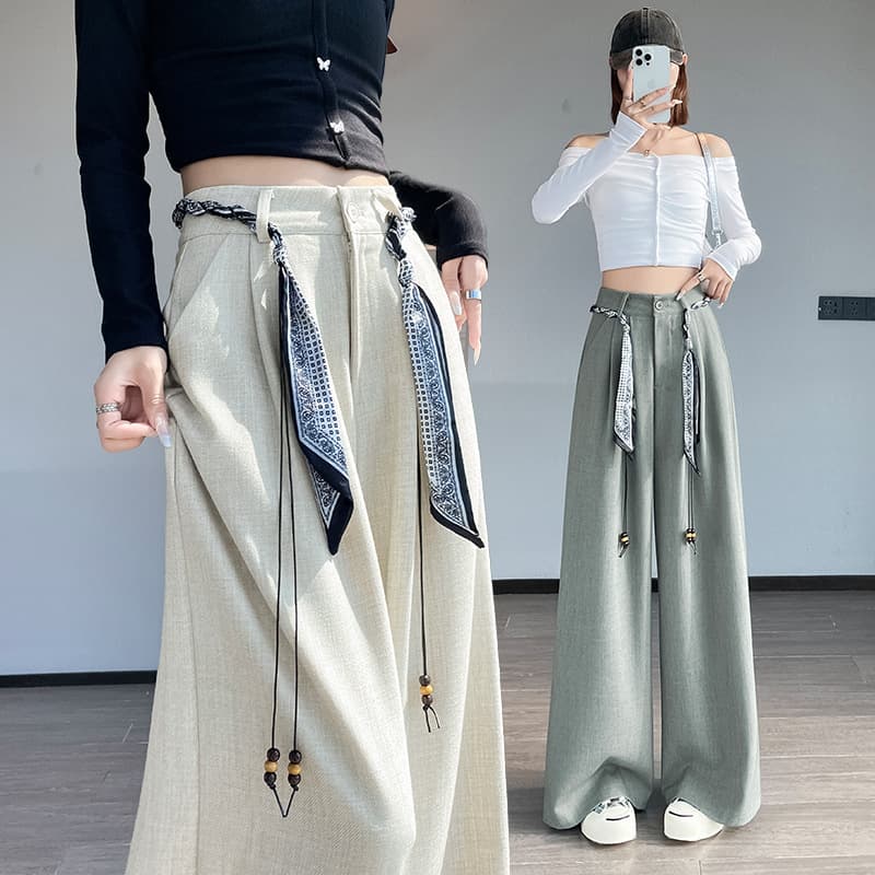 High-End Wide-Leg Suit Pants for Women 2026 Spring/Summer New High-Waisted Slimming Drape-Effect Woven Belt Straight-Leg Casual Pants