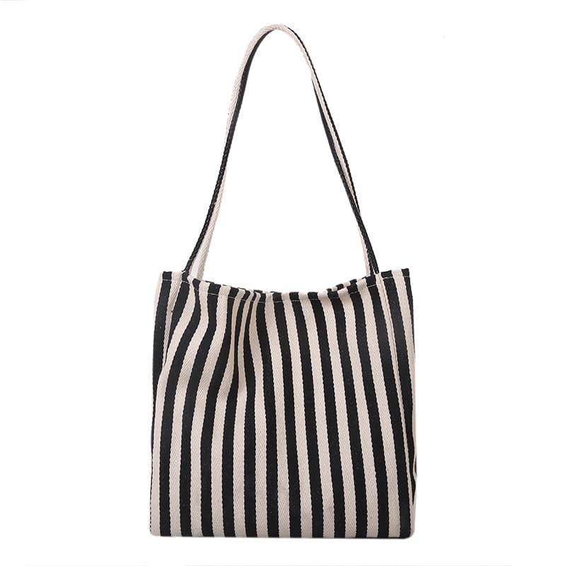 Korean style retro literary handbag, simple and fresh striped shoulder bag, casual and fashionable, large capacity shopping bag.