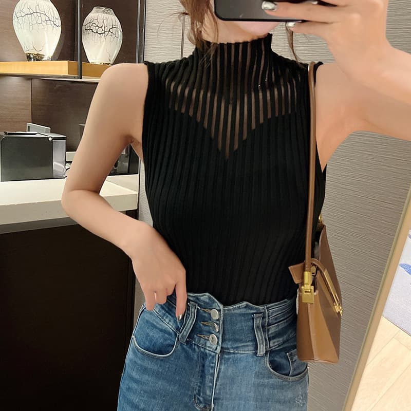 Hollow-out knitted vest, new summer style, 2025, fashionable design, high neck, slimming base layer for women.