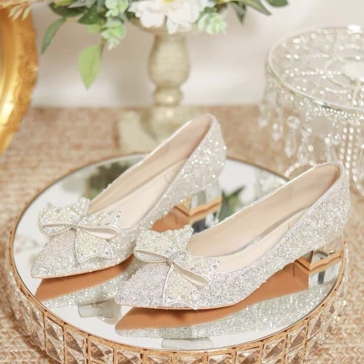 Flat Chunky Heel High Heel Wedding Shoes Bride Shoes Main Wedding Dress Crystal Heels Mid Heel Comfortable for Pregnant Women