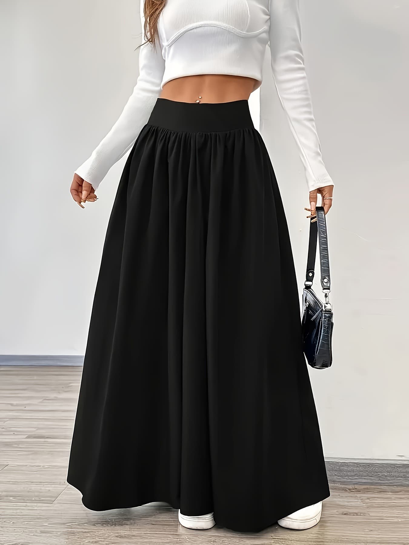 New European and American Cross-border Solid Pleated Skirt 2026 High-waist Tummy Control Flowing Fall Casual Long Skirt