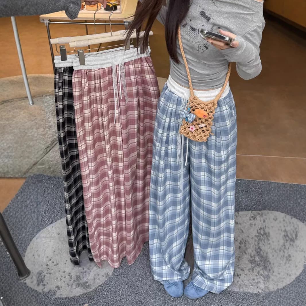 Lace Drawstring High-Waist Casual Pants for Women Spring 2026 New Loose Fit Slimming Contrast Plaid Wide-Leg Floor-Length Trousers