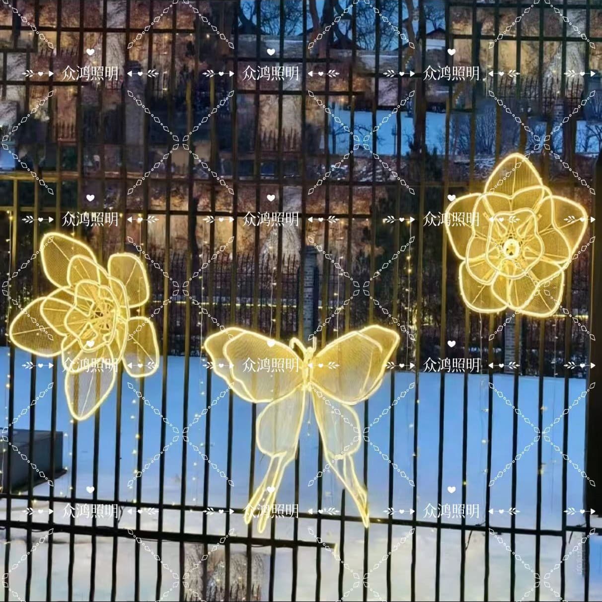 Outdoor LED flower-shaped lights, butterfly and animal lights, wall-mounted tree lights, festival lawn and park landscape lighting.
