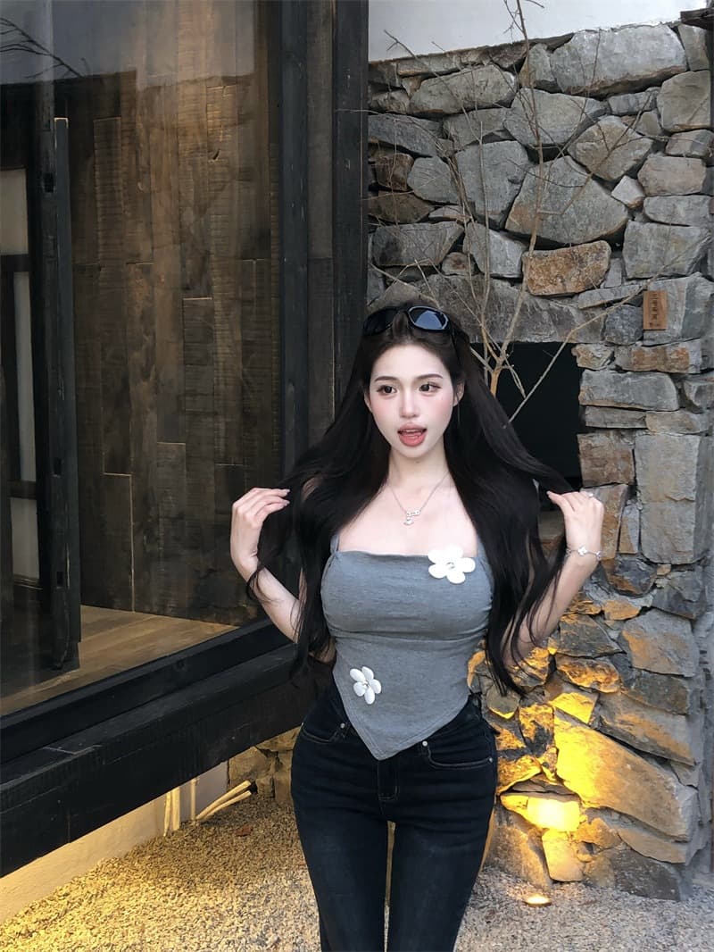Sexy 3D Floral Pin Camisole Top for Women, Summer Fitted Inner Layering Irregular Backless Top