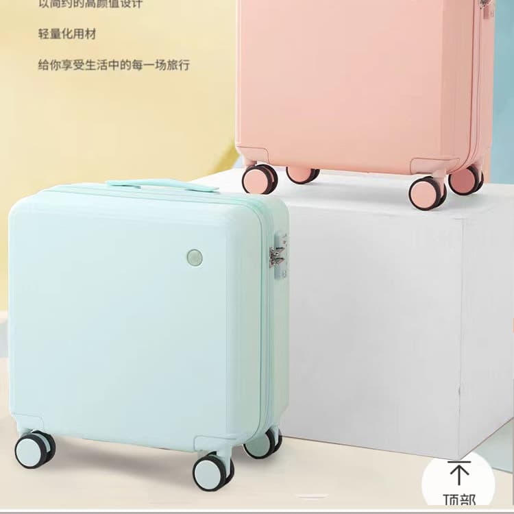 Factory direct supply of 18-inch lightweight carry-on suitcases with trolley handles, universal wheels, and travel combination lock leather cases.