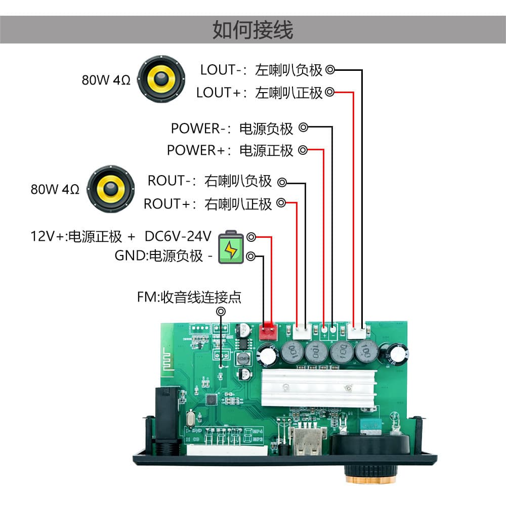 2x80W Digital Amplifier, Bluetooth Audio Decoding Amplifier Board, Microphone Recording, Trolley Speaker Accessories