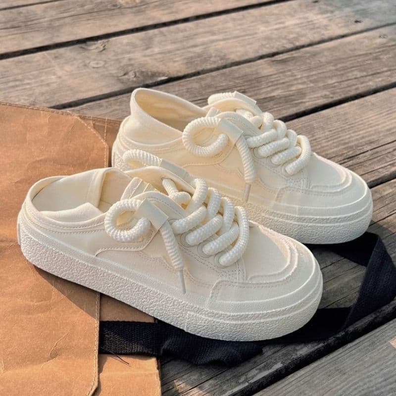 Canvas Shoes, Two-Way Slip-On, Half-Slip-On, White Women's Sneakers, 2025 Summer New Style, Niche Original Platform Sneakers