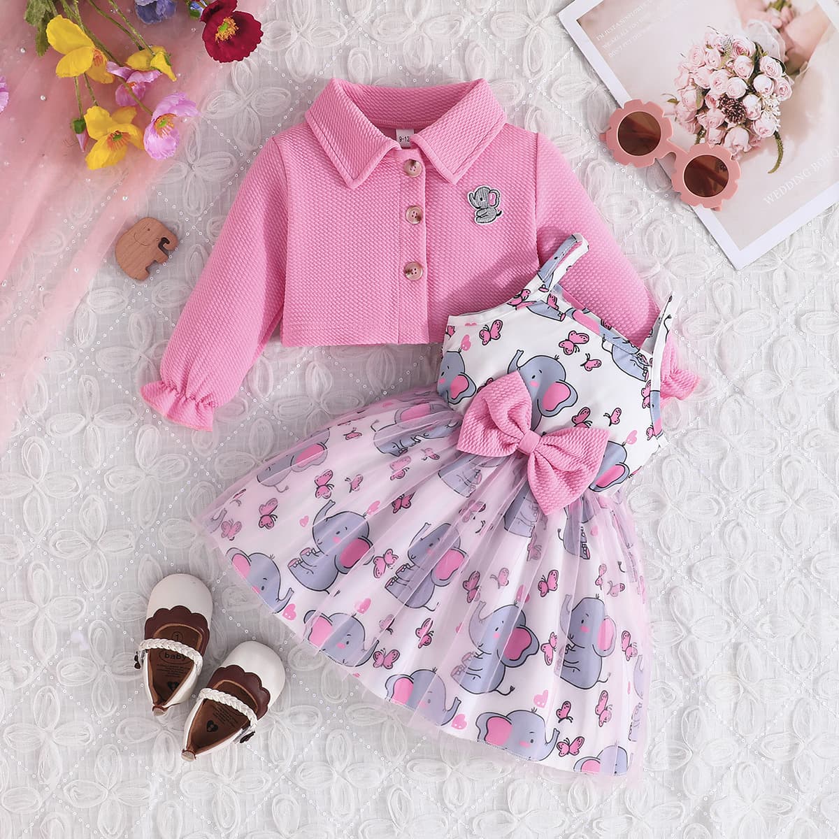 Cross-border exclusive—European and American style two-piece set for baby girls: long-sleeved jacket + animal print bow mesh skirt