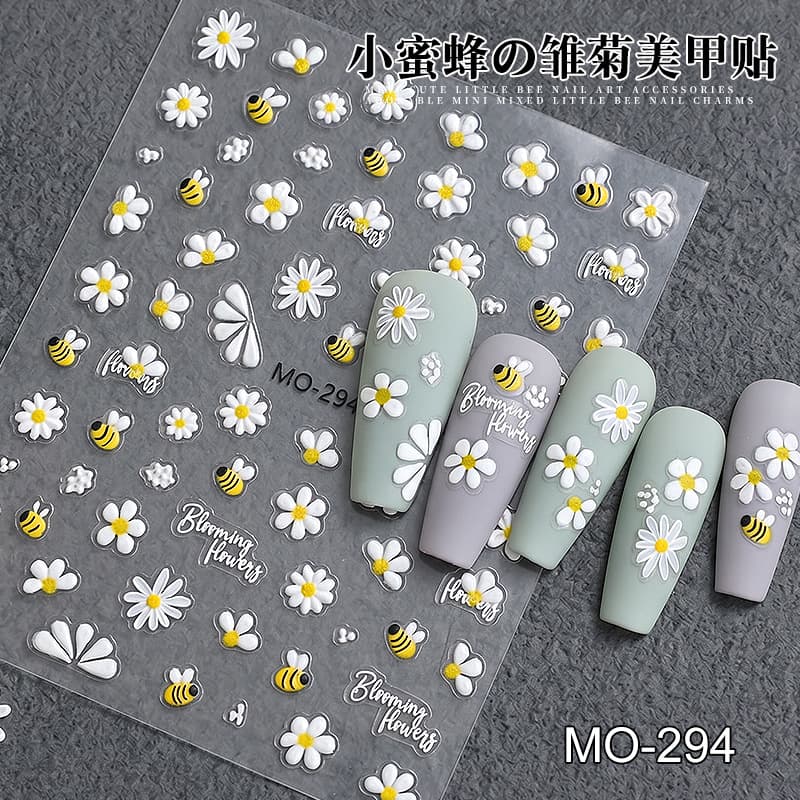 New 5D Embossed Small Bee Daisy Nail Stickers Sunflower Butterfly Bow Small Ladybug Heart Flower Nail Decals