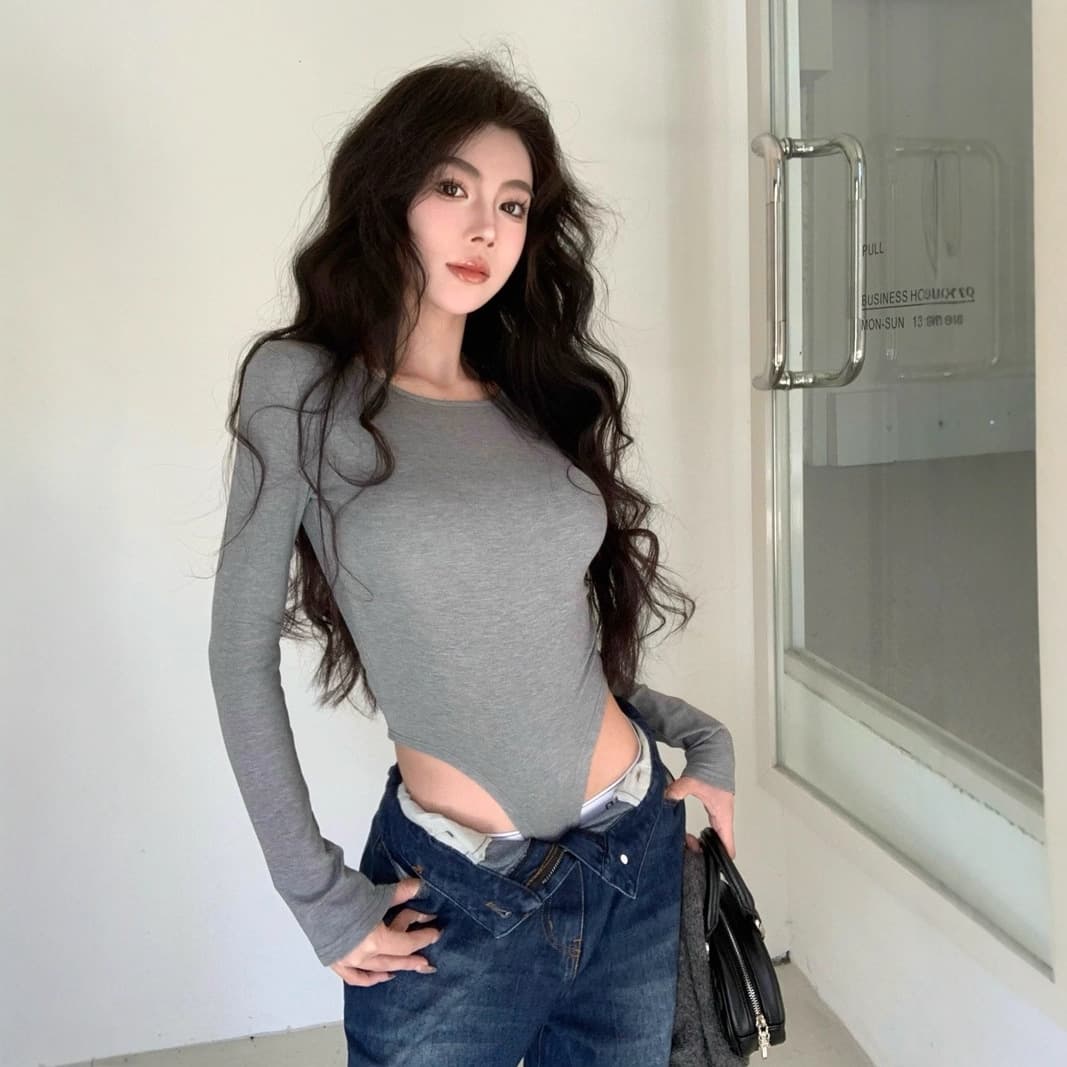 Rhgd Real Shot Winter European and American Sexy Hot Girl Style Knitted Jumpsuit Slim Long-Sleeved Fleece-Lined Inner Layering Shirt