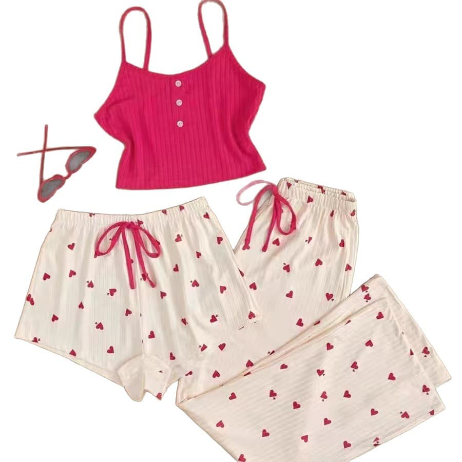 Cross-border Wholesale Printed Camisole New Homewear Women's Pajamas Spring Summer Three-Piece Set Loose Simple Casual Factory