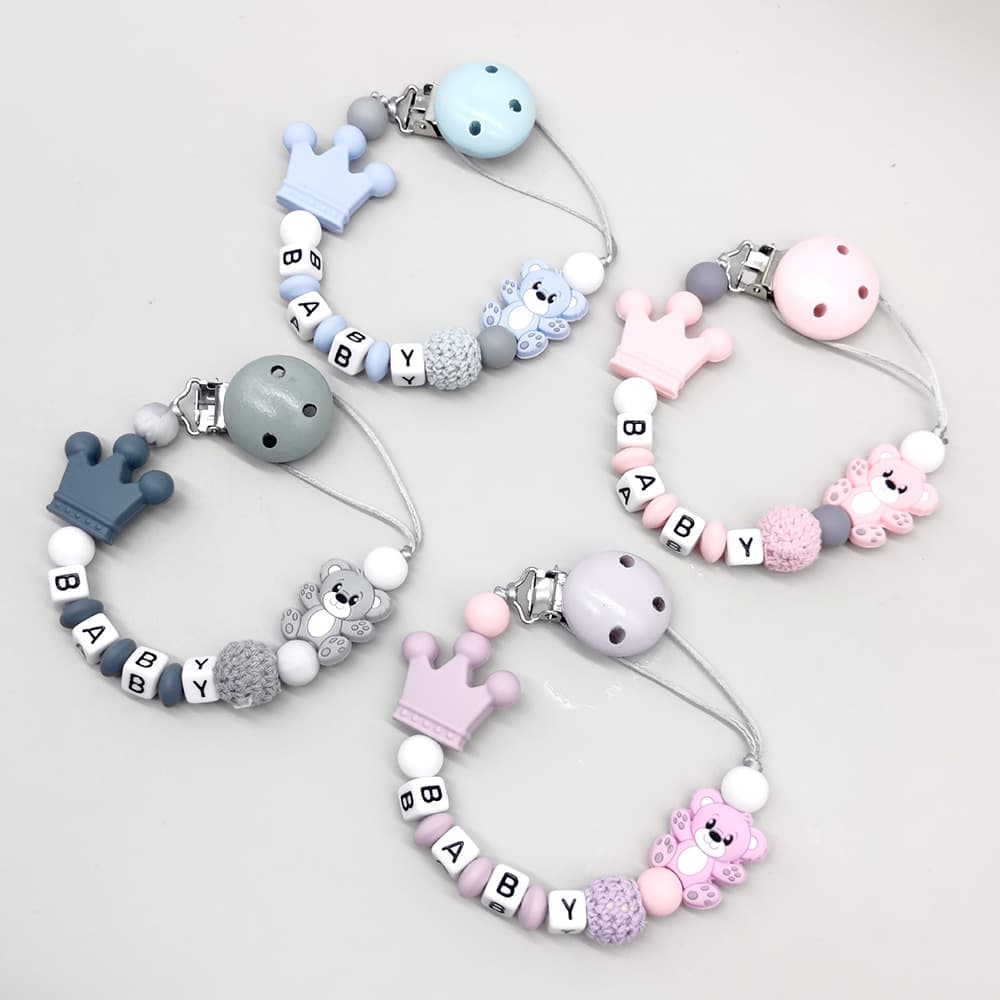 Wood Clip Silicone Pacifier Chain Crown Teether Anti-Loss Bear Silicone Bead