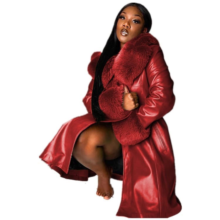 2022 Autumn and Winter Wish European and American Pure Color Lapel Long Fur Collar Elegant Commuter Zipper Jacket Pu Leather Jacket W140