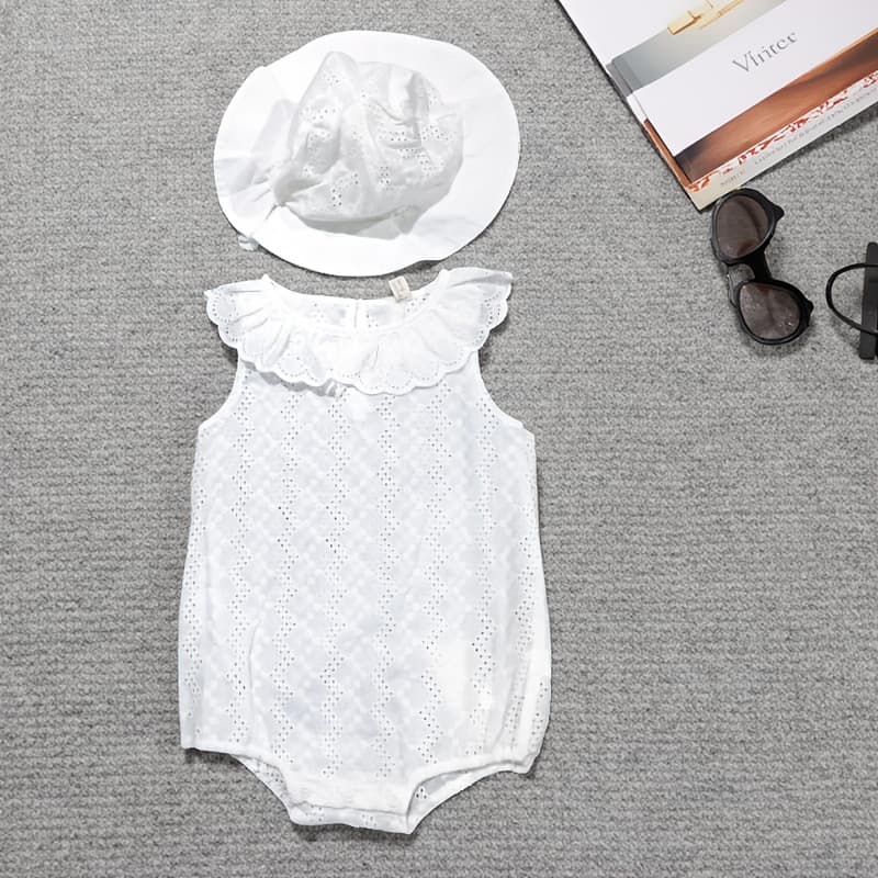 Korean Ins Style Baby Hollow Onesie with Sun Hat Two-Piece Set Girls Summer Thin Ruffle Romper