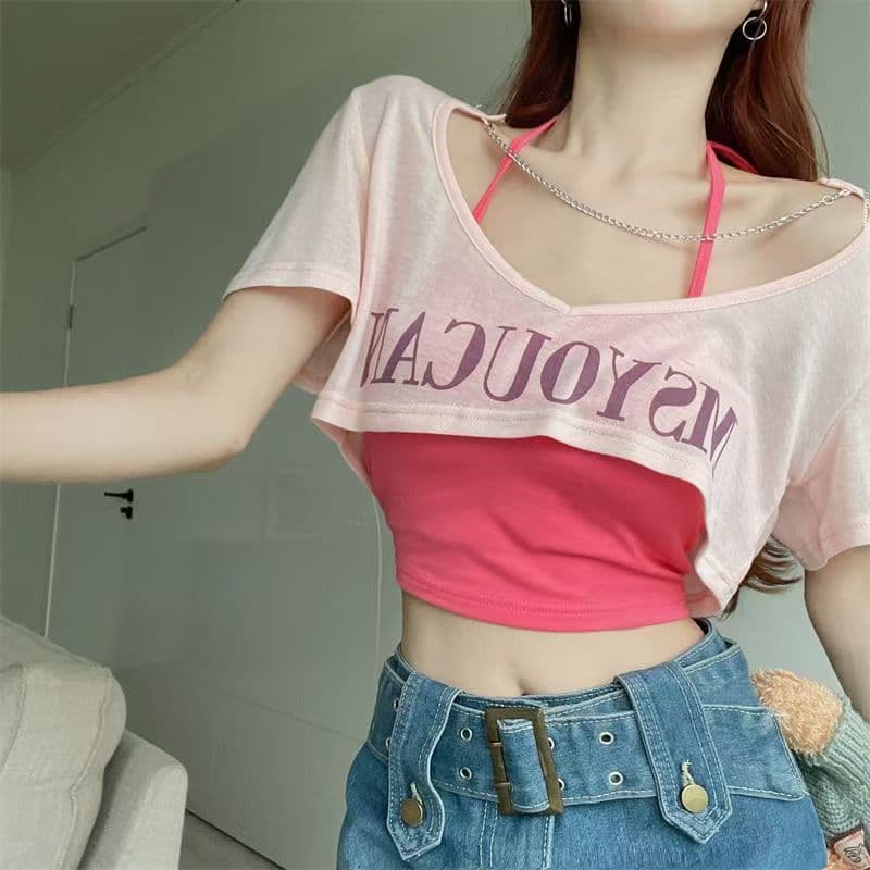 Ice Silk Sun Protection Top for Women, Summer Loose Short-Sleeve T-Shirt, Thin Style, Spicy V-Neck Short Air Conditioning Cover-Up, Two-Piece Set
