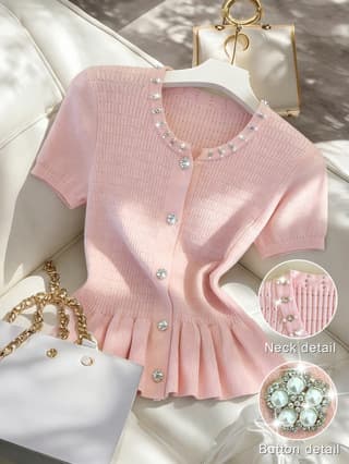 Women's Foreign Trade Fashion Chanel-Style Beaded Knit Top, Round Neck Short-Sleeve Waist-Cinching Ruffle T-Shirt, Gentle Style Blouse
