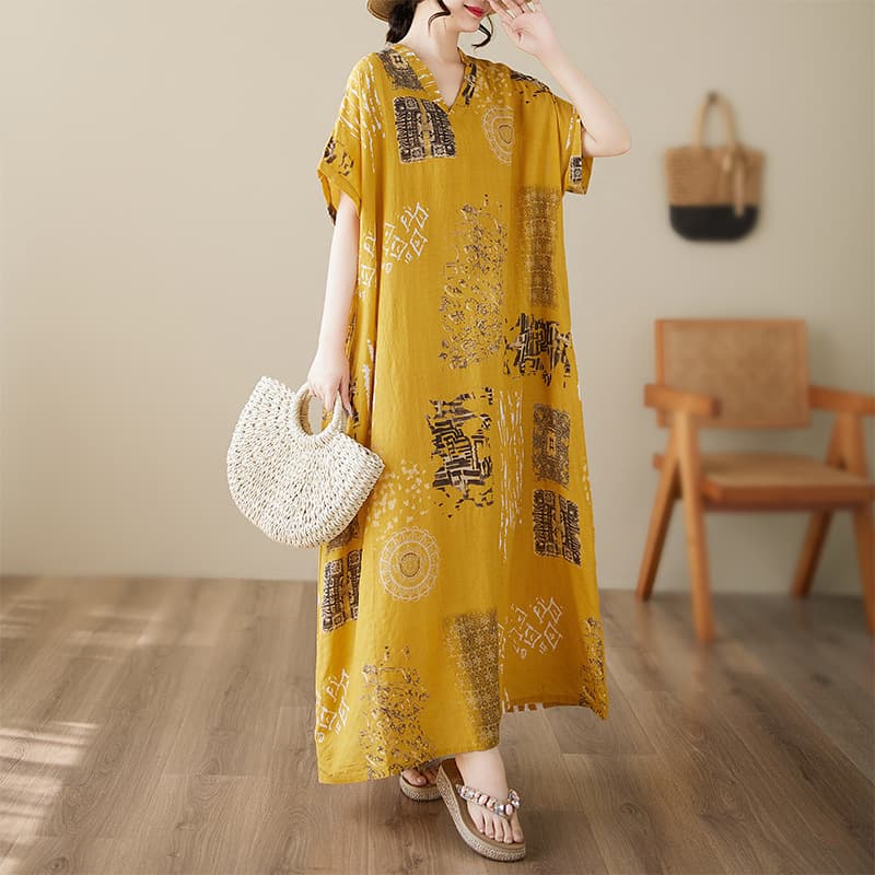 2025 Summer Loose V-Neck Pullover Mid-Length Dress, Thin Retro Short-Sleeve Dress for Middle-Aged and Elderly Mothers, Exported Dress