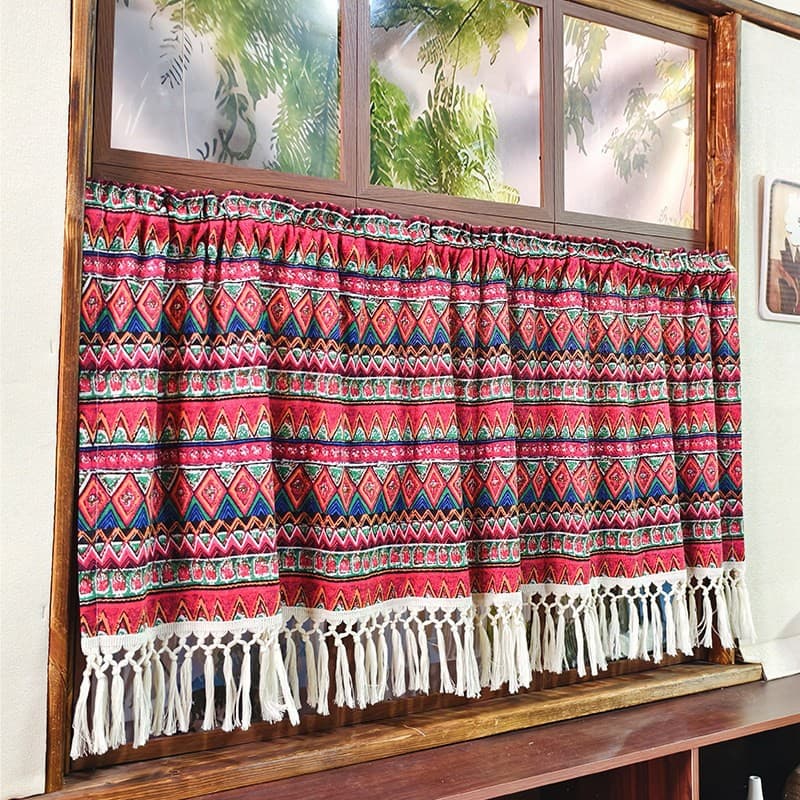 Korean-Style Pastoral Embroidered Window Sheer Curtain, Pull-Up Curtain, Lace Sheer Curtain, No-Drill Magic Tape Partition for Bay Window and Balcony