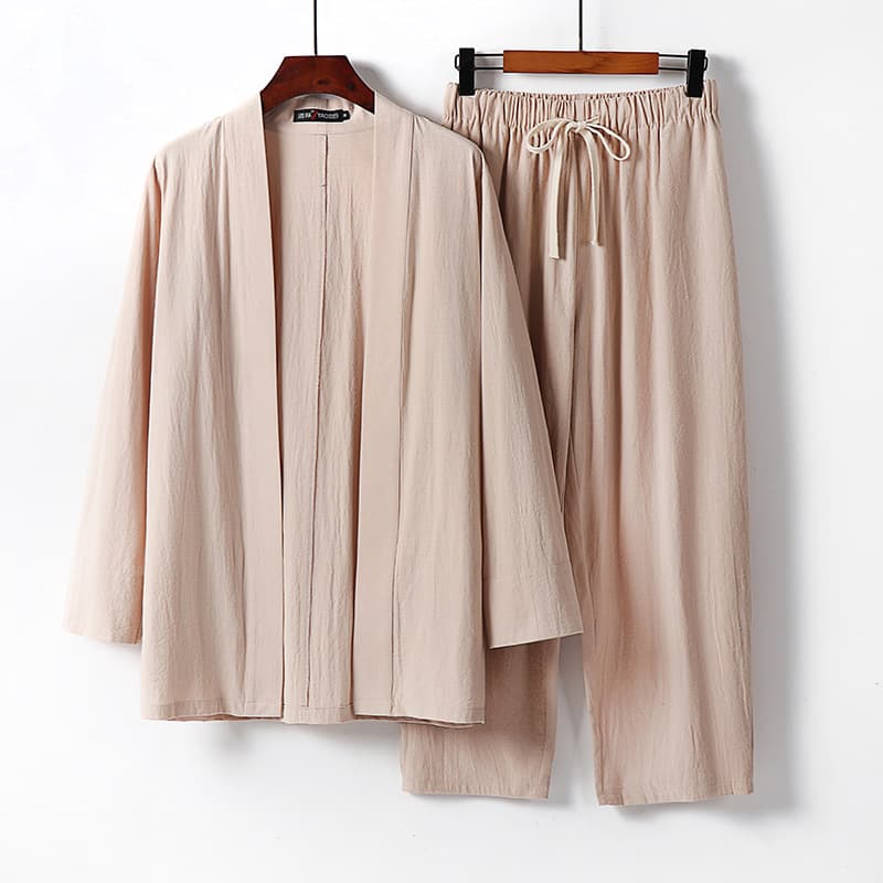 Men's linen suit, casual short-sleeved men's clothing, Chinese style, summer, ice silk, thin, nine-quarter sleeve, cotton and linen two-piece set.