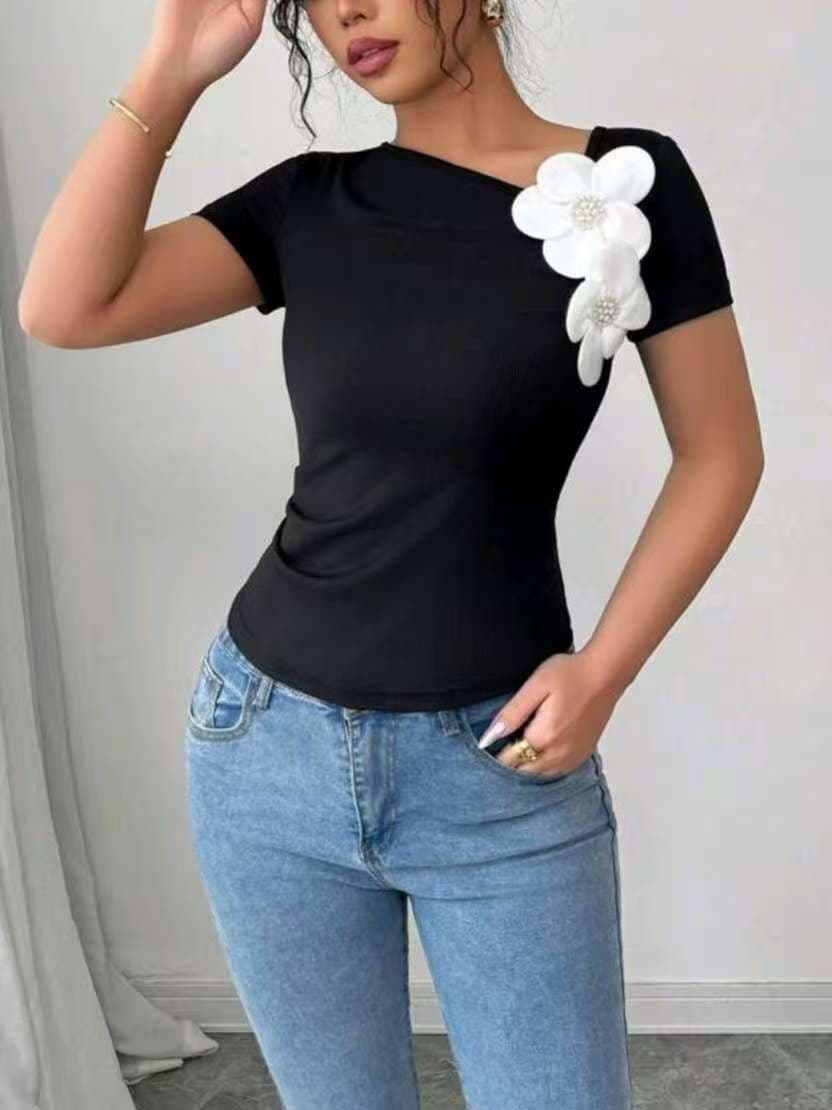 Cross-border Women 2025 Summer New Slant Neck Flower Decor Slim T-Shirt