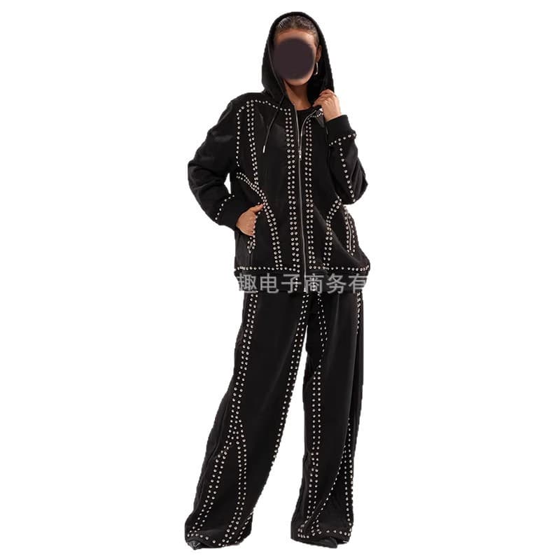 2026 New European and American Cross-border Studded Sweatshirt with Zipper Pockets, Long Sleeve Pullover Hoodie, Street Style, Mid-waisted Pants