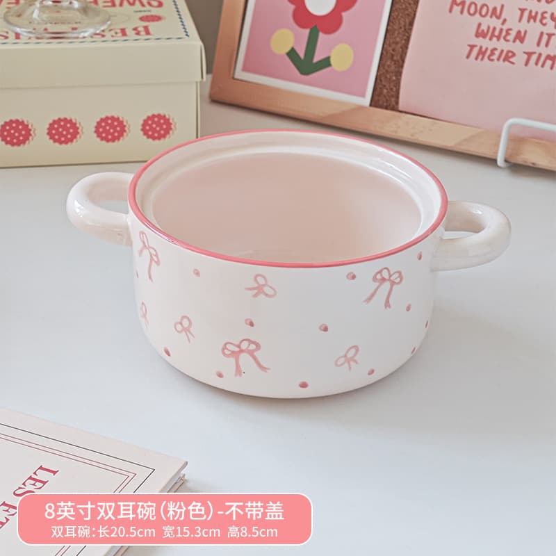 High-Aesthetic Double-Ear Noodle Bowl with Lid, Large Capacity, Cute Dormitory-Specific Noodle Bowl, Soup Bowl, Double-Ear Bowl, Ceramic Tableware