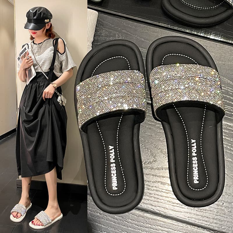 Flat Casual Slippers Women 2023 Summer New Rhinestone Thong Sandals Drop Shipping