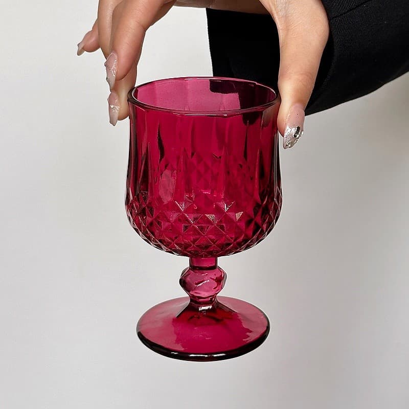 Ins Retro Rose Red Embossed Diamond Champagne Glass Red Wine Glass High Appearance Home Glass Wine Glass