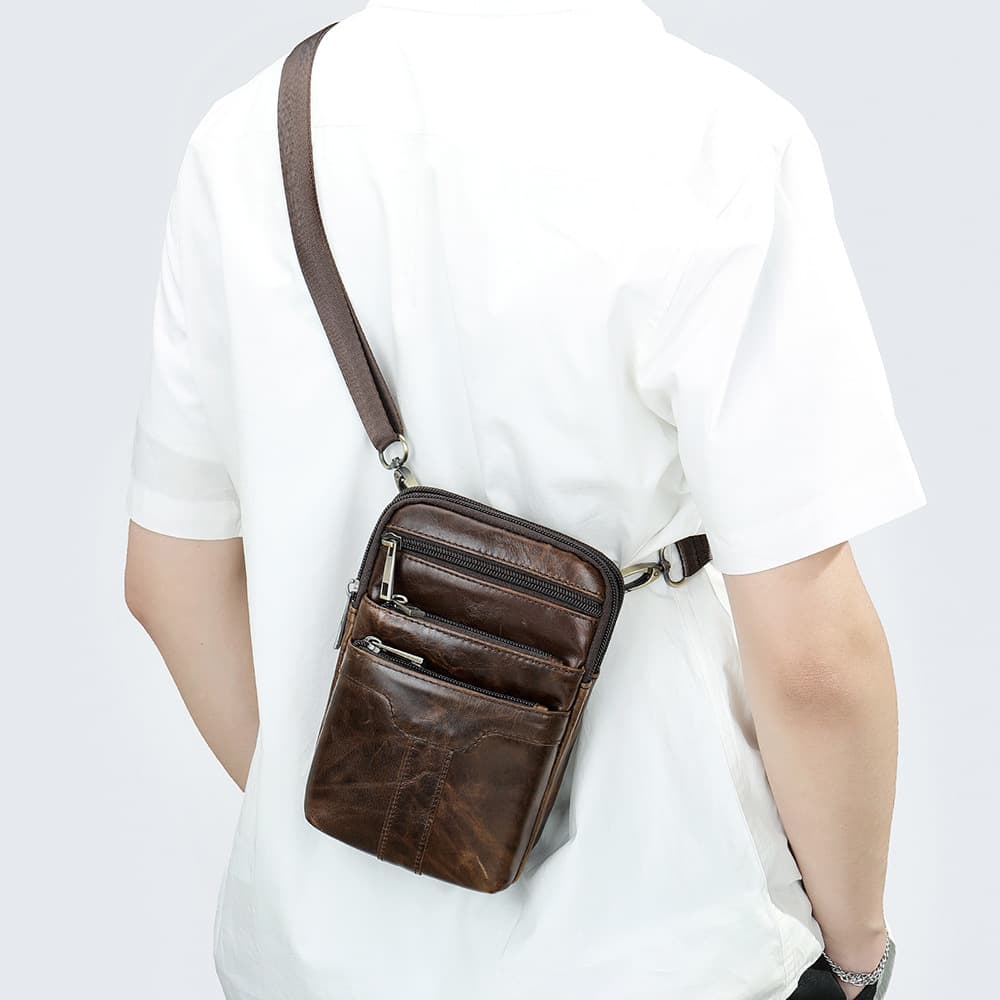 Marulite Oil Wax Cowhide Waist Bag Men's Shoulder Crossbody Small Men's Bag Leather Phone Bag Multi-Functional Waterproof Leather Bag