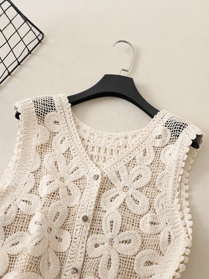 Factory Direct Sale French-Style Knitted Crochet Hollow-Out Vest Cardigan for Women, Summer Gentle Style Versatile Outerwear Top